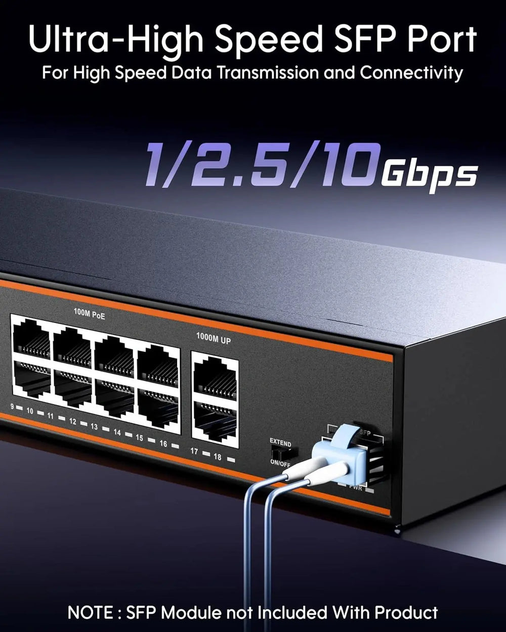 FEDUS NextSwitch-16000UG 18 Port PoE Switch, 16 PoE Ports (10/100Mbps) + 2 Gigabit Uplink +1 SFP Gigabit Port, 240W Power Budget, IEEE 802.3af/at, 250m Extend Mode, VLAN, 6KV Surge, Unmanaged CCTV NVR FEDUS
