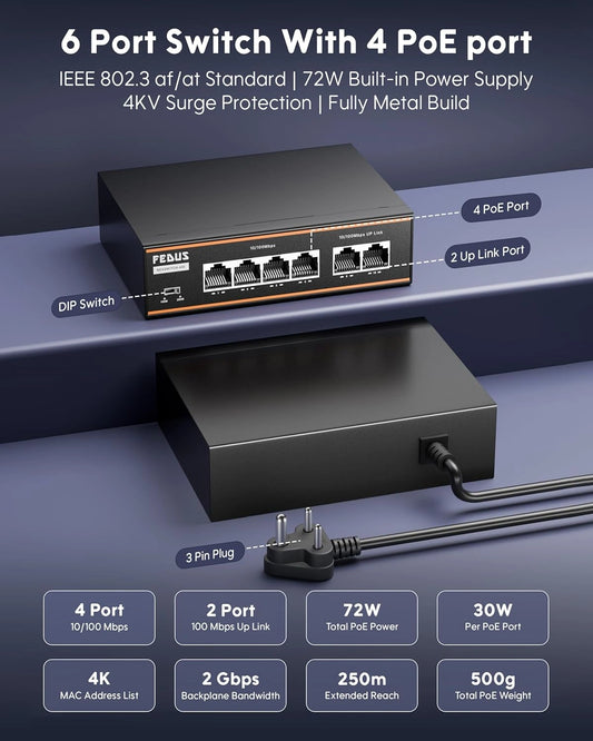FEDUS NextSwitch-400 6 Port AI PoE Switch, 10/100 Mbps 4 PoE + 2 Uplink 60W Active PoE for IP Cameras, NVR, VoIP, 250m Long Range,VLAN Isolation,6KV Surge Protection Ethernet lan extender network splitter