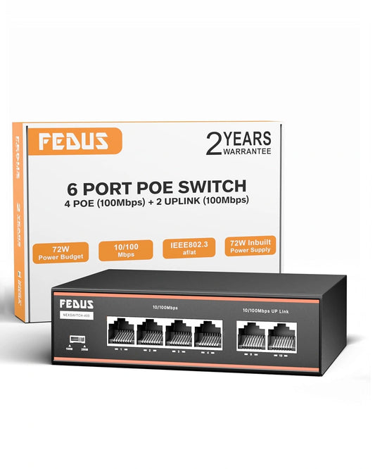 FEDUS NextSwitch-400 6 Port AI PoE Switch, 10/100 Mbps 4 PoE + 2 Uplink 60W Active PoE for IP Cameras, NVR, VoIP, 250m Long Range,VLAN Isolation,6KV Surge Protection Ethernet lan extender network splitter