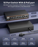 FEDUS NextSwitch-8000FG 10 Port Gigabit PoE Switch (8 PoE+ Ports 1000Mbps, 2 Gigabit Uplink) 130W Built-in Power, IEEE 802.3af/at Active PoE, Unmanaged Metal LAN Network Hub for IP Cameras, NVR, VoIP
