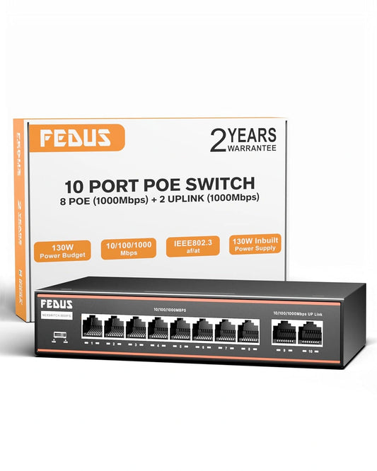 FEDUS NextSwitch-8000FG 10 Port Gigabit PoE Switch (8 PoE+ Ports 1000Mbps, 2 Gigabit Uplink) 130W Built-in Power, IEEE 802.3af/at Active PoE, Unmanaged Metal LAN Network Hub for IP Cameras, NVR, VoIP