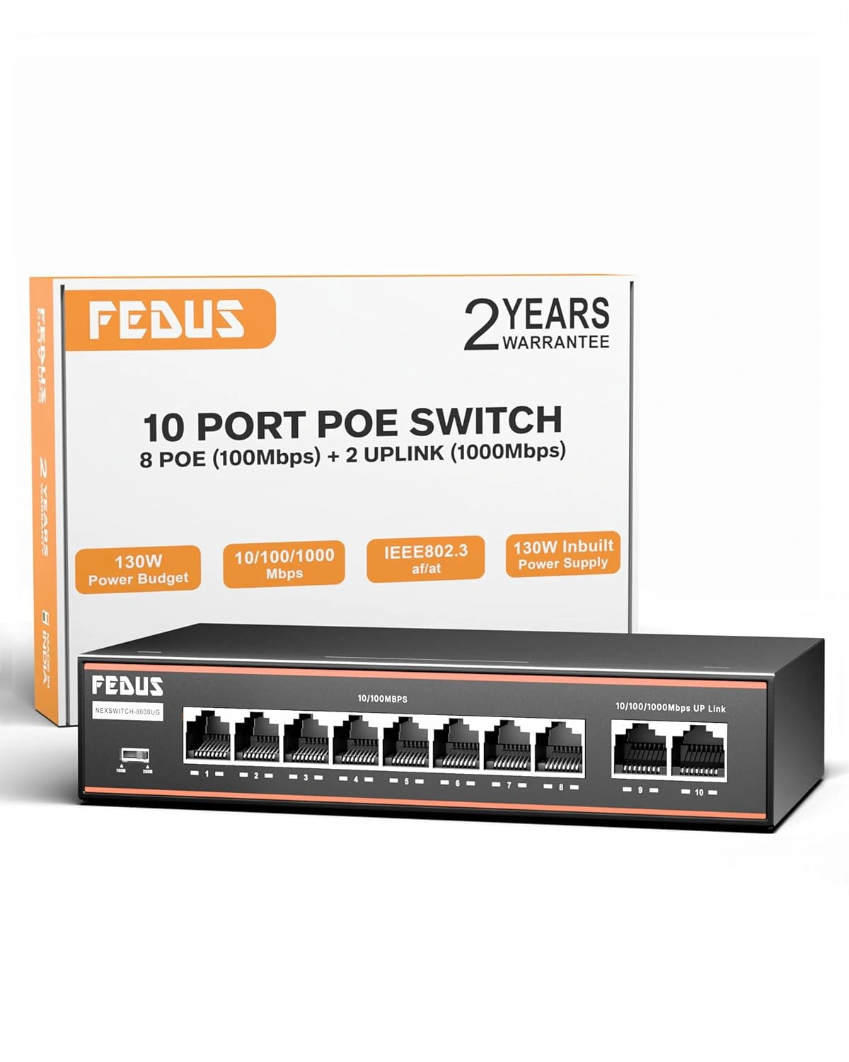 FEDUS NextSwitch-8000UG 10 Port PoE Switch (8 PoE+ 10/100Mbps, 2 1000Mbps Gigabit Uplink) 130W Built-in Power, 250m Extended Range, 6KV Surge Protection, 802.3af/at Plug & Play Unmanaged Ethernet Hub