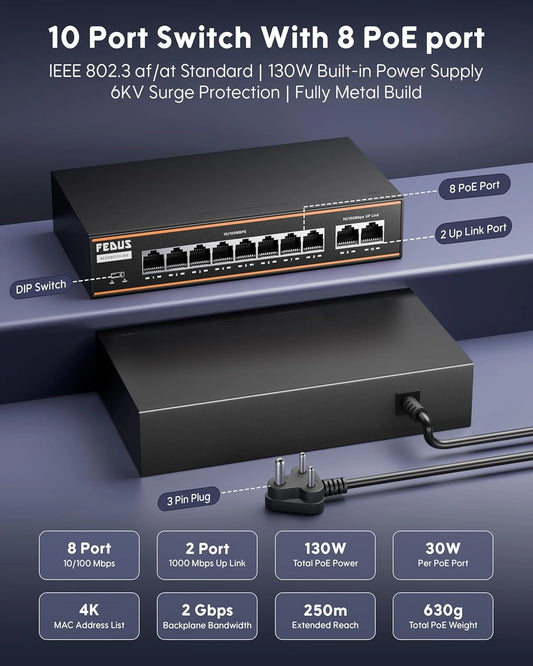 FEDUS NextSwitch-8000UG 10 Port PoE Switch (8 PoE+ 10/100Mbps, 2 1000Mbps Gigabit Uplink) 130W Built-in Power, 250m Extended Range, 6KV Surge Protection, 802.3af/at Plug & Play Unmanaged Ethernet Hub