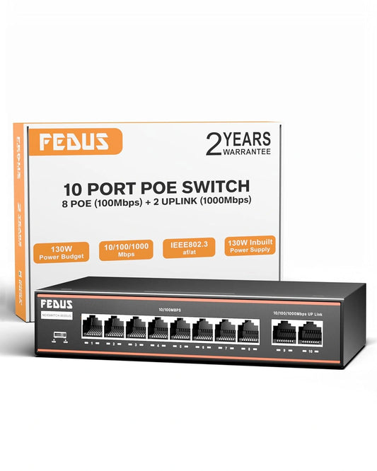 FEDUS NextSwitch-8000UG 10 Port PoE Switch (8 PoE+ 10/100Mbps, 2 1000Mbps Gigabit Uplink) 130W Built-in Power, 250m Extended Range, 6KV Surge Protection, 802.3af/at Plug & Play Unmanaged Ethernet Hub