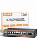 FEDUS NextSwitch-8000UG 10 Port PoE Switch (8 PoE+ 10/100Mbps, 2 1000Mbps Gigabit Uplink) 130W Built-in Power, 250m Extended Range, 6KV Surge Protection, 802.3af/at Plug & Play Unmanaged Ethernet Hub