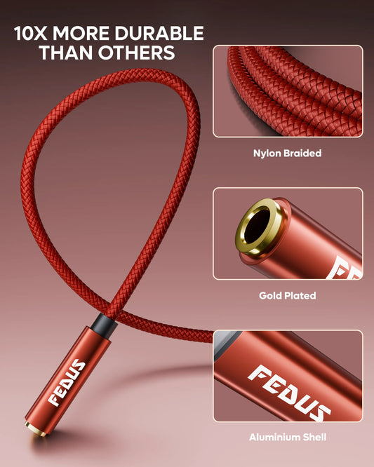 FEDUS Novus USB Type C to 3.5mm Audio Jack Adapter Connector, DAC Chip Headphone Earphones Converter Aux Dongle Cable Compatible with Mobile, iPhone 15/16, Samsung S24/S23/S21, OnePlus, Pixel, iPad, 5.5-Inch