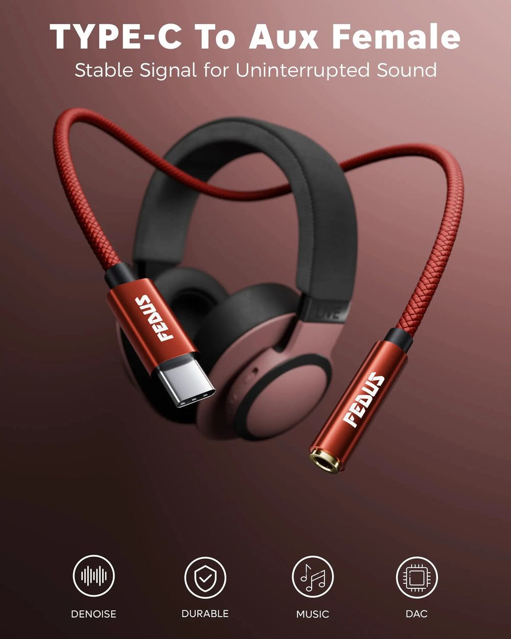 FEDUS Novus USB Type C to 3.5mm Audio Jack Adapter Connector, DAC Chip Headphone Earphones Converter Aux Dongle Cable Compatible with Mobile, iPhone 15/16, Samsung S24/S23/S21, OnePlus, Pixel, iPad, 5.5-Inch FEDUS