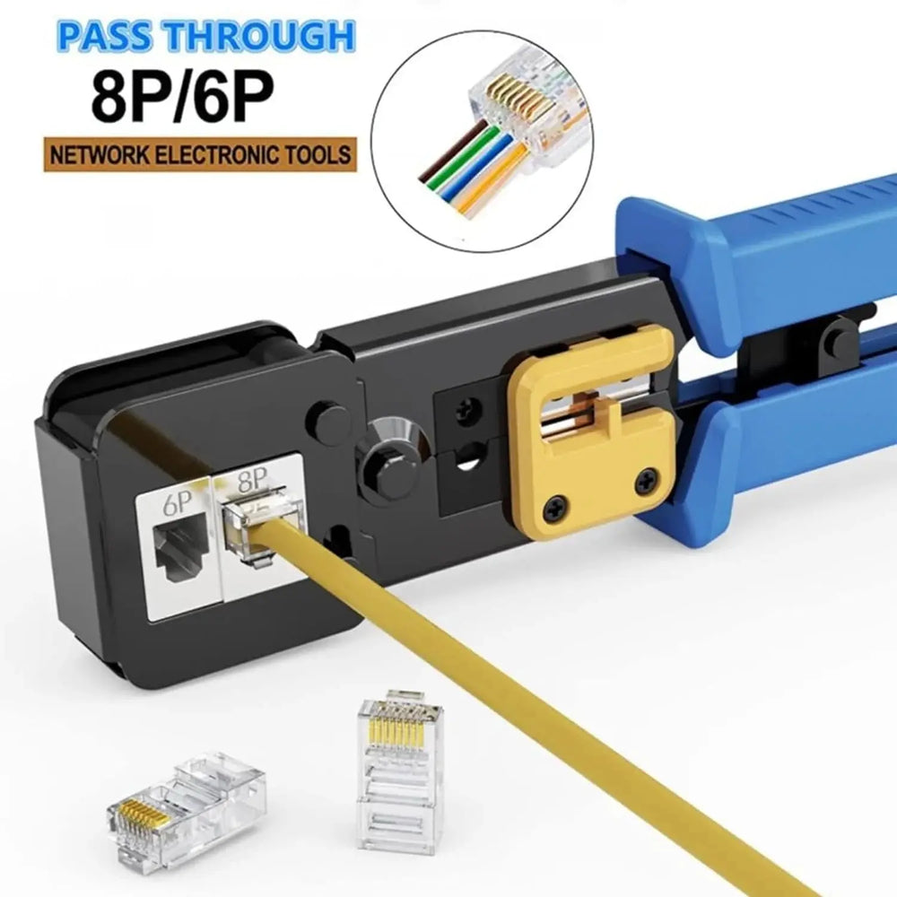 FEDUS Passthrough Crimping tool, Crimp, Cut, Strip Tool Pass-Through Ethernet Crimper, Professional RJ45 Crimp Tool for 8P/RJ45 and 6P/RJ12 4P/RJ11, Cat6a, Cat6, Cat5e Pass Through & Regular Connectors, Blue FEDUS