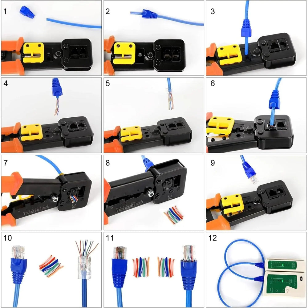 FEDUS Passthrough Crimping tool, Crimp, Cut, Strip Tool Pass-Through Ethernet Crimper, Professional RJ45 Crimp Tool for 8P/RJ45 and 6P/RJ12 4P/RJ11, Cat6a, Cat6, Cat5e Pass Through & Regular Connectors, Blue FEDUS