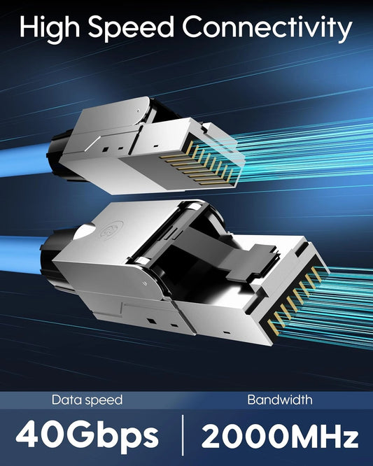 Two RJ45 Ethernet network connectors shown floating on a dark blue background with light streaks, under the text 'High Speed Connectivity' and labeled '40Gbps' and '2000MHz'.