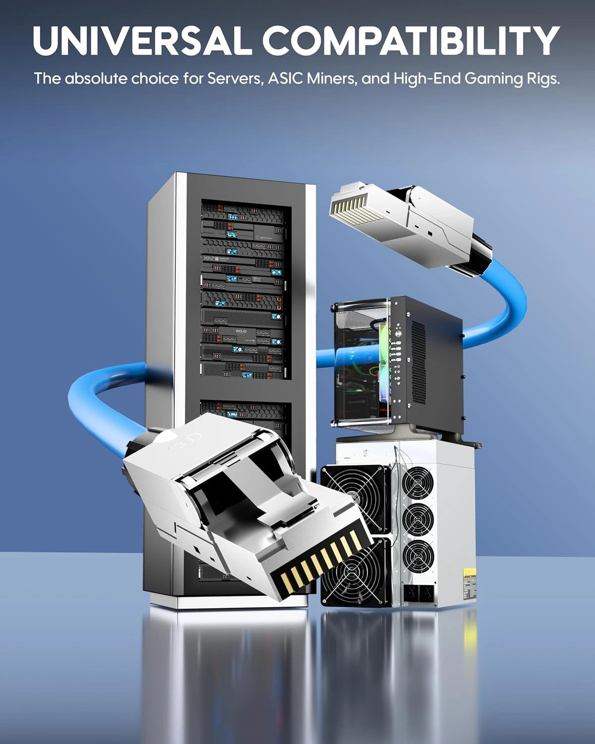 Promotional graphic showing server hardware and networking components with blue cables on a blue gradient background, with the headline 'UNIVERSAL COMPATIBILITY' at the top.