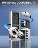 Promotional graphic showing server hardware and networking components with blue cables on a blue gradient background, with the headline 'UNIVERSAL COMPATIBILITY' at the top.