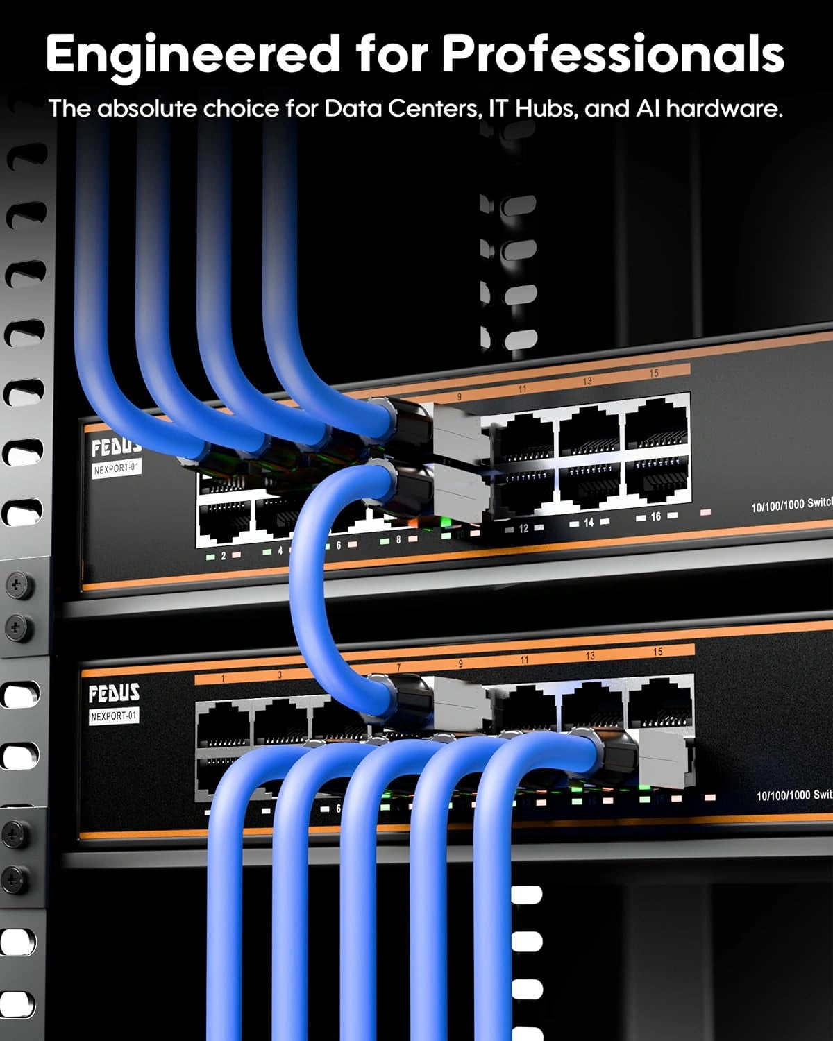 Promotional graphic for FEDEUS network switches showing two black FEDEUS 10/100/1000 SviM switches with blue industrial Ethernet cables connected in a server rack.
