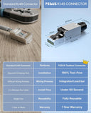 Promotional infographic for a FEDUS RJ45 connector, showing a close-up of a standard RJ45 connector on a cable, a rendered toolless connector with dimensions, and a comparison table highlighting features such as installation time and reusability.