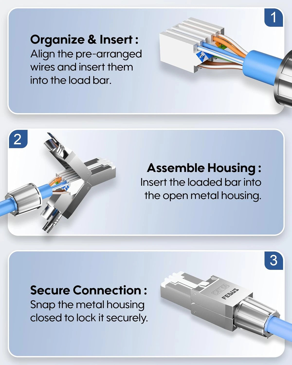 FEDUS PING Cat6A Toolless RJ45 Connector | Fully Shielded Metal Field Plug | 10Gbps 500MHz High Speed Ethernet Cable Connector| For 20-24 AWG LAN Cable, PC, Router, Server Rack | 1-Year Warrantee FEDUS