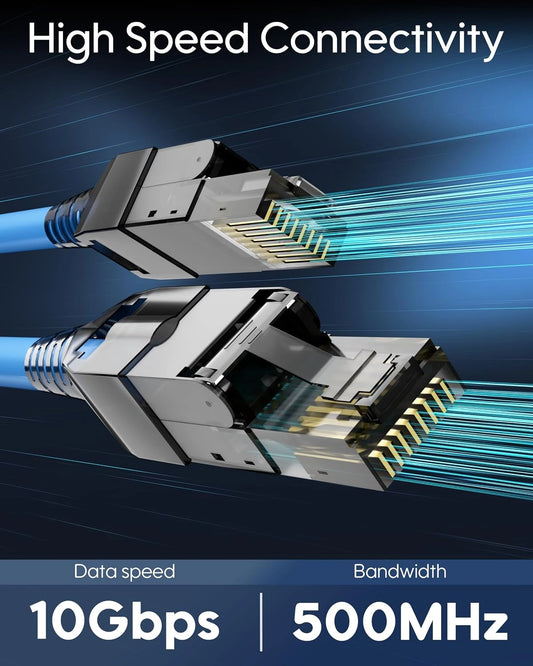 Two RJ45 Ethernet cable connectors with blue cables shown against a dark blue background with text reading 'High Speed Connectivity,' 'Data speed 10Gbps,' and 'Bandwidth 500MHz.'.