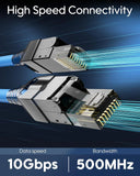 Two RJ45 Ethernet cable connectors with blue cables shown against a dark blue background with text reading 'High Speed Connectivity,' 'Data speed 10Gbps,' and 'Bandwidth 500MHz.'.