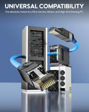 Promotional graphic showing server hardware and networking components on a blue gradient background, with large text reading 'UNIVERSAL COMPATIBILITY' and smaller copy about office servers, miners, and high-end gaming PCs.
