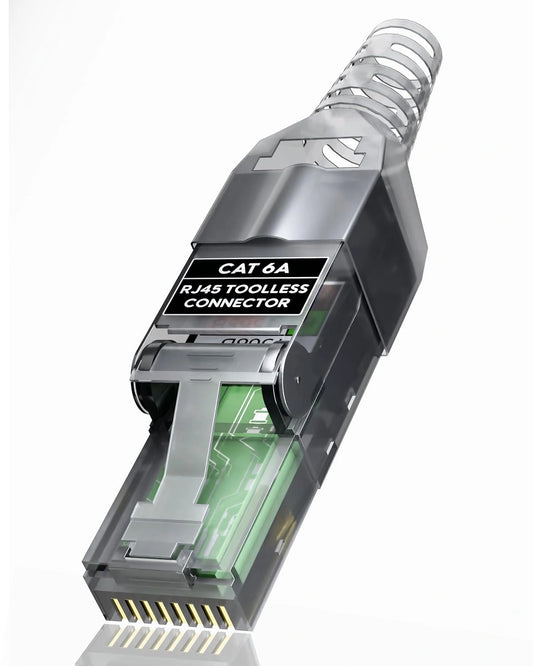 RJ45 toolless connector for CAT 6a Ethernet cables, featuring a transparent housing that reveals a green internal circuit board and gold-plated pins, set against a plain white background.