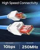 Two RJ45 Ethernet connectors on a blue tech background with text reading 'High Speed Connectivity,' 'Data speed 1Gbps,' and 'Bandwidth 250MHz.' The image is a promotional product graphic rather than a plain studio product shot.