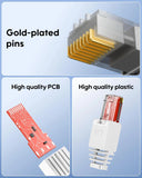 Technical product infographic showing a RJ45 network connector with labeled callouts: gold-plated pins, high quality PCB, and high quality plastic, on a pale blue background.