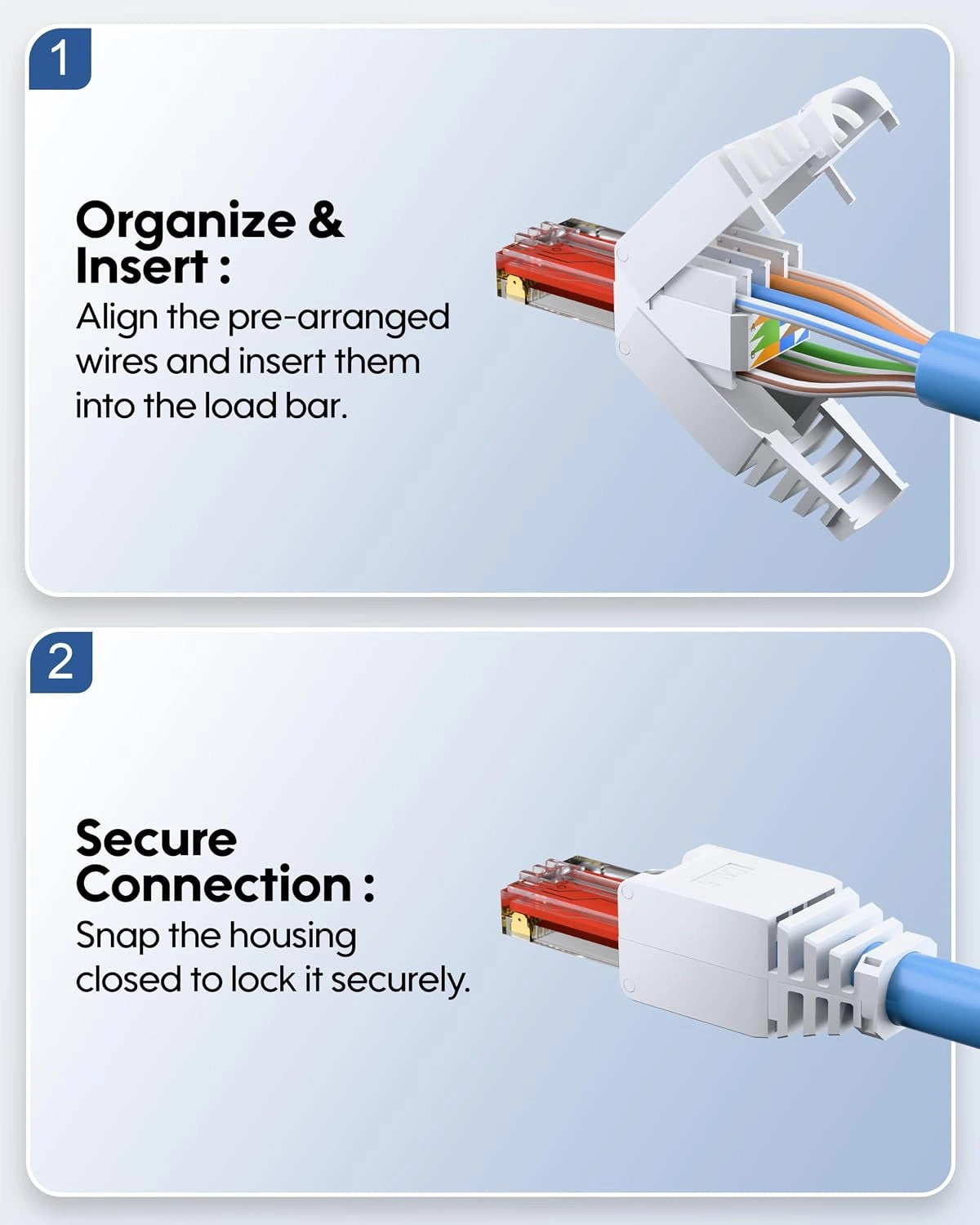 Instruction graphic showing how to connect an Ethernet cable. Step 1 shows organizing and inserting the pre-arranged wires into the load bar, and Step 2 shows securing the connection by snapping the housing closed.