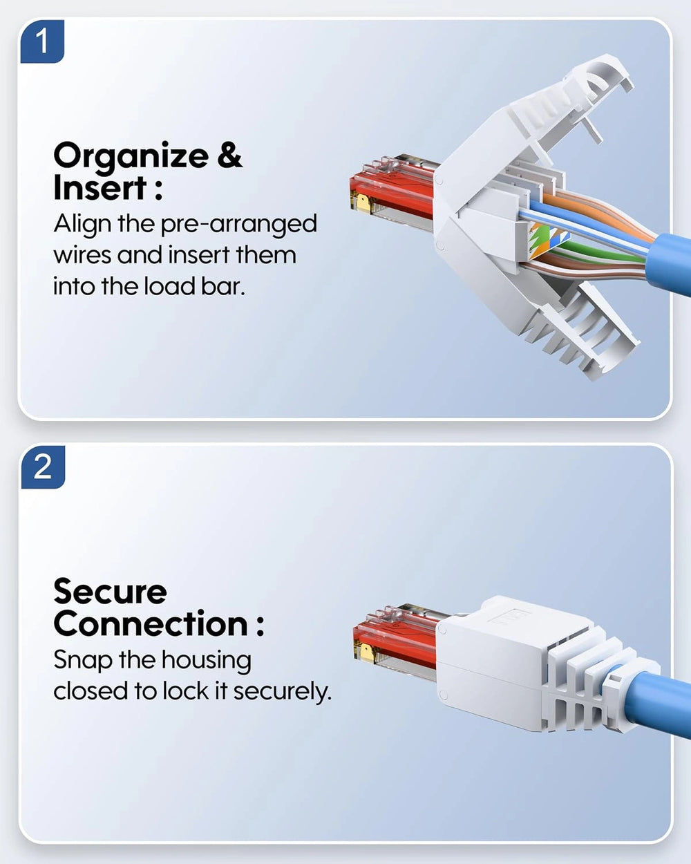 Instruction graphic showing how to connect an Ethernet cable. Step 1 shows organizing and inserting the pre-arranged wires into the load bar, and Step 2 shows securing the connection by snapping the housing closed.