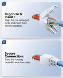 Instruction graphic showing how to connect an Ethernet cable. Step 1 shows organizing and inserting the pre-arranged wires into the load bar, and Step 2 shows securing the connection by snapping the housing closed.
