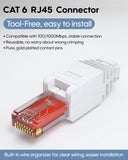 CAT 6 RJ45 connector adapter with a white plastic housing, transparent cover over gold-plated pins, and red internal circuitry, shown on a light gray background with marketing text.