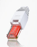A white RJ45 Ethernet connector with a transparent red inner cable and gold metal pins, shown on a clean white background with a soft reflection below.