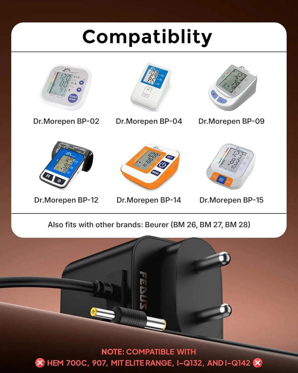 FEDUS PulseGuard6 MPro 6V Adapter for Dr. Morepen BP Monitor Machine (Fits BP-02, BP-09, BP-12, BP-14), BIS Certified Power Supply, 10ft Extra Long Cord, Universal Dual-Pin Charger (4.0mm & 5.5mm) FEDUS