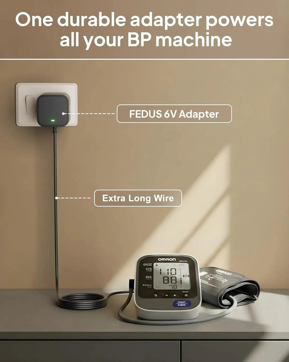 FEDUS PulseGuard6 MPro 6V Adapter for Dr. Morepen BP Monitor Machine (Fits BP-02, BP-09, BP-12, BP-14), BIS Certified Power Supply, 10ft Extra Long Cord, Universal Dual-Pin Charger (4.0mm & 5.5mm) FEDUS