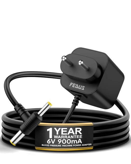 FEDUS PulseGuard6 MPro 6V Adapter for Dr. Morepen BP Monitor Machine (Fits BP-02, BP-09, BP-12, BP-14), BIS Certified Power Supply, 10ft Extra Long Cord, Universal Dual-Pin Charger (4.0mm & 5.5mm)