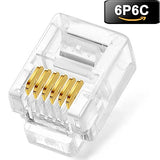 FEDUS RJ12 6P6C Plug,Transparent Telephone Jack Flat Cable Modular Plug Connector Clear Line Snap-in Crimp-On Plugs Connector for Phone Line Cord Compatible with Both Solid & Stranded Wire