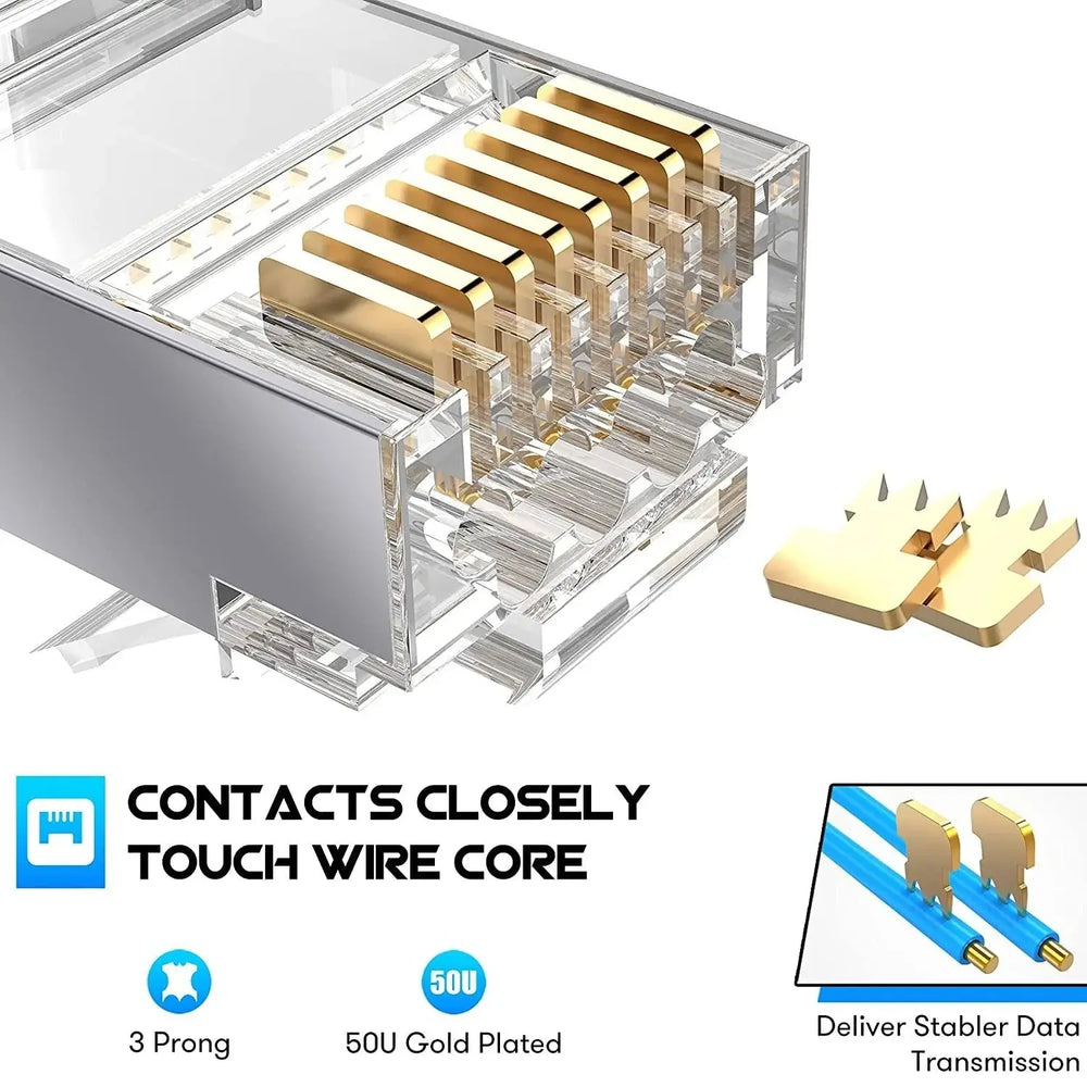 FEDUS RJ45 Cat7 & Cat6A Crimping Connectors plug, 50U Nickel Plated 3 Prong Shielded FTP/STP External Ground 23 AWG (0.573mm) Cable, RJ45 8P8C Plug, SILVER FEDUS