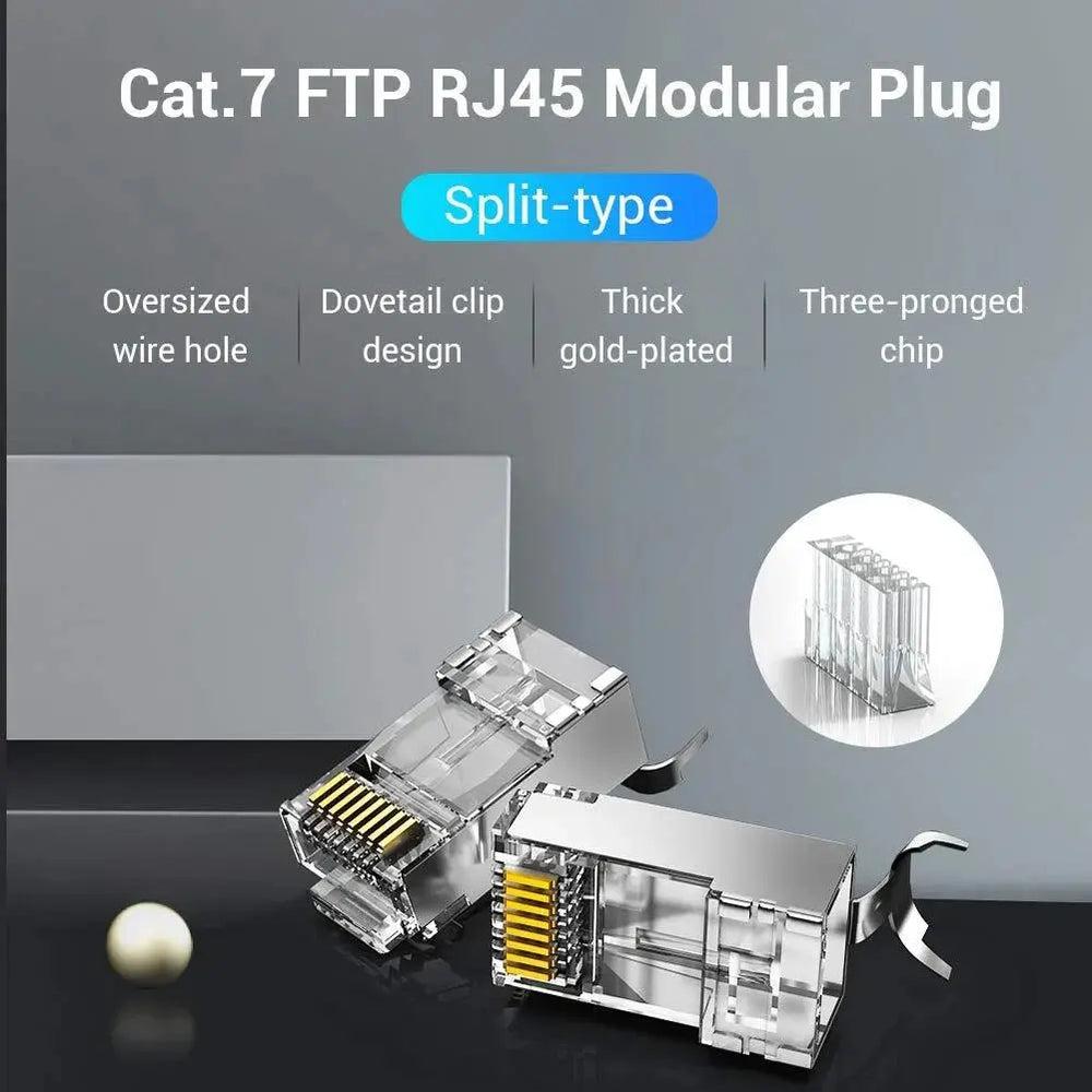 FEDUS RJ45 Cat7 & Cat6A Crimping Connectors plug, 50U Nickel Plated 3 Prong Shielded FTP/STP External Ground 23 AWG (0.573mm) Cable, RJ45 8P8C Plug, SILVER FEDUS