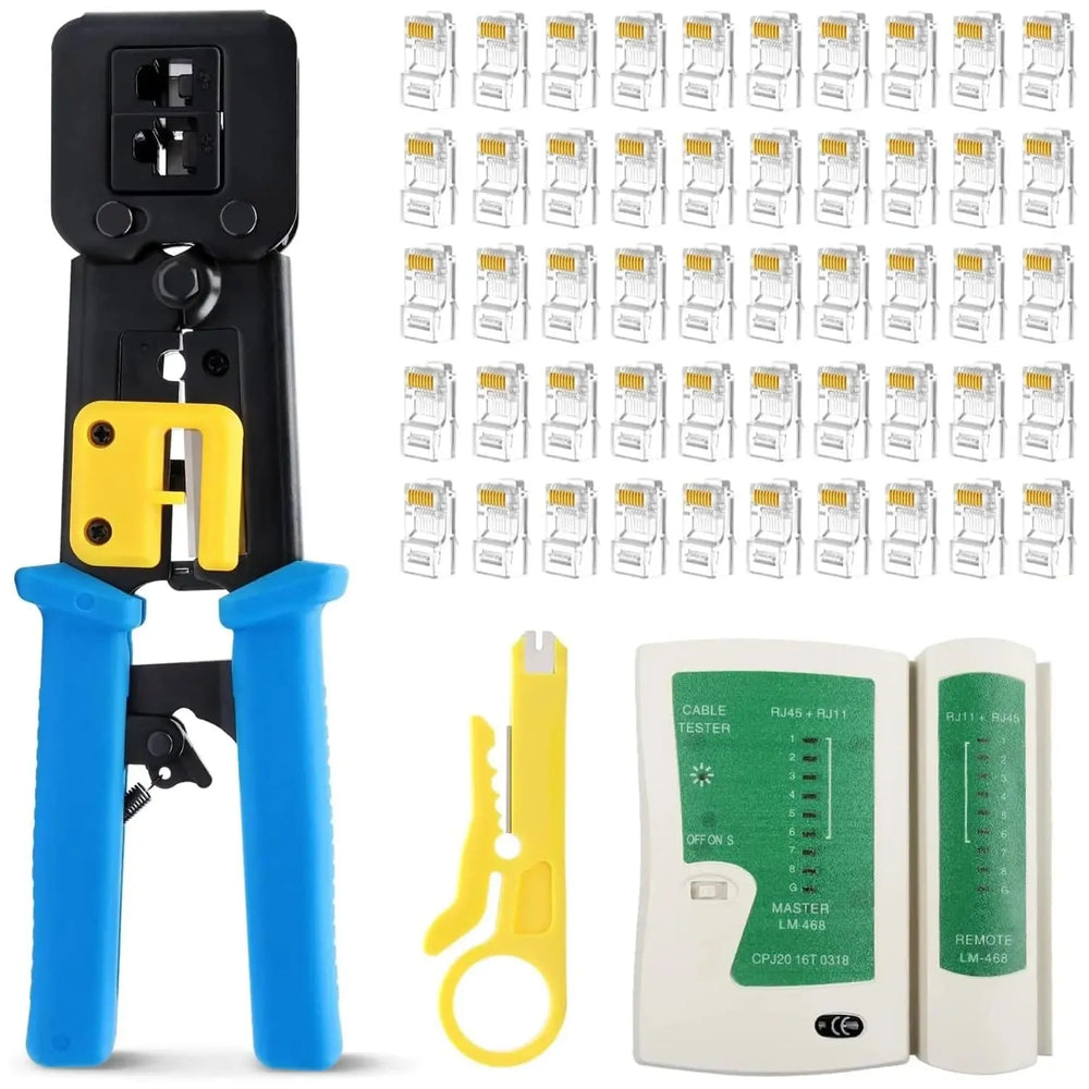 FEDUS RJ45 Crimping Tool Kit, Passthrough Crimping Tool rj45 for Cat6A Cat5E Cat5 RJ45, 25PCS rj45 Connector, Network lan Tester, Cut and Strip Tool blue COMBO-4 FEDUS