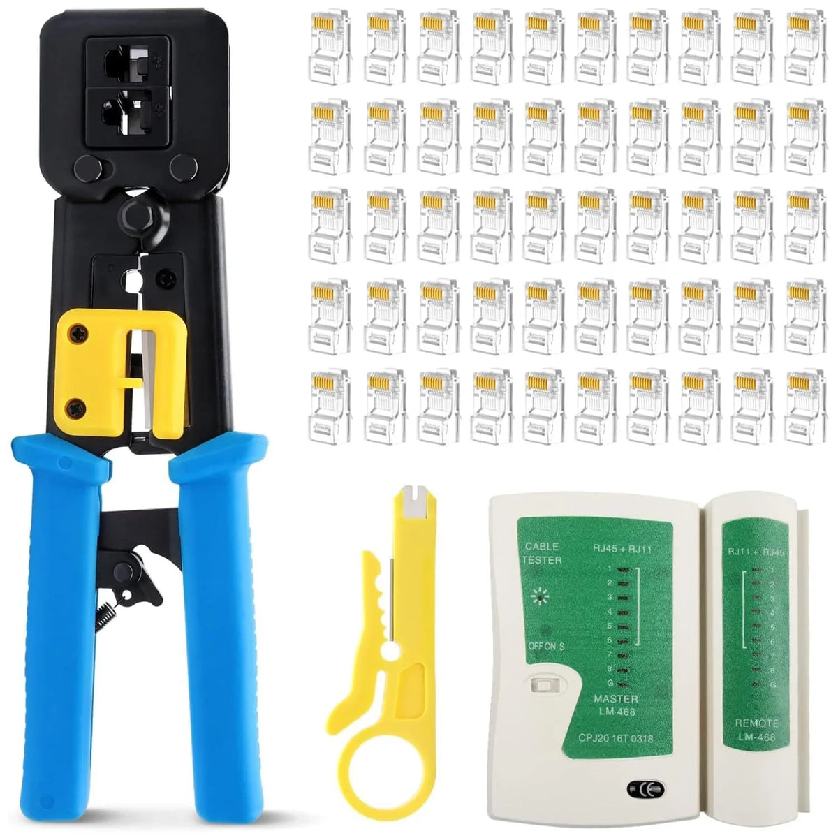 FEDUS RJ45 Crimping Tool Kit, Passthrough Crimping Tool rj45 for Cat6A Cat5E Cat5 RJ45, 25PCS rj45 Connector, Network lan Tester, Cut and Strip Tool blue COMBO-4