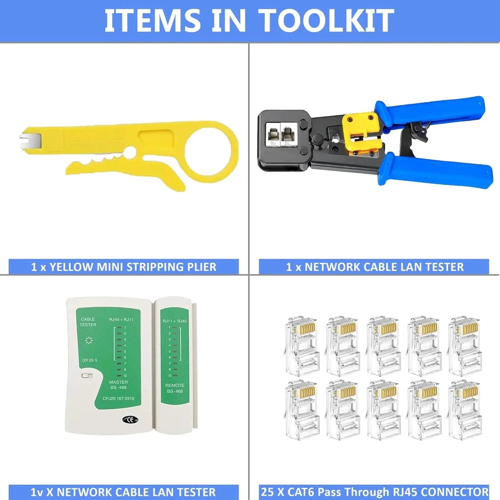 FEDUS RJ45 Crimping Tool Kit, Passthrough Crimping Tool rj45 for Cat6A Cat5E Cat5 RJ45, 25PCS rj45 Connector, Network lan Tester, Cut and Strip Tool blue COMBO-4 FEDUS