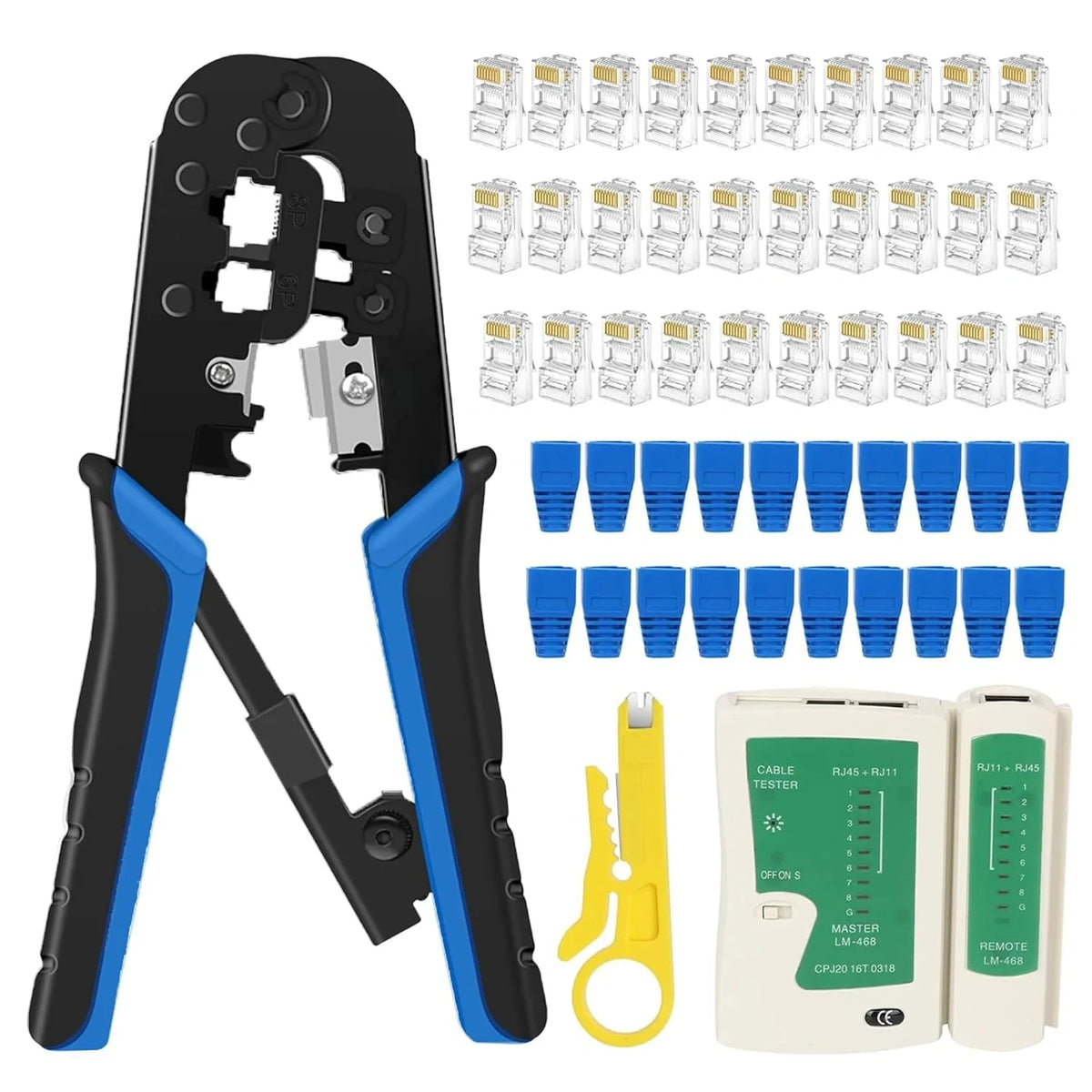 FEDUS RJ45 Crimping Tool Kit, Crimping Tool rj45 Crimping machine for Cat6A Cat5E Cat5 RJ45 Ethernet tool kit, 50PCS rj45 Connector, Network lan Tester, 50PCS Boot Covers, Cut and Strip Tool Black COMBO-1