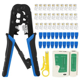 FEDUS RJ45 Crimping Tool Kit, Crimping Tool rj45 Crimping machine for Cat6A Cat5E Cat5 RJ45 Ethernet tool kit, 50PCS rj45 Connector, Network lan Tester, 50PCS Boot Covers, Cut and Strip Tool Black COMBO-1