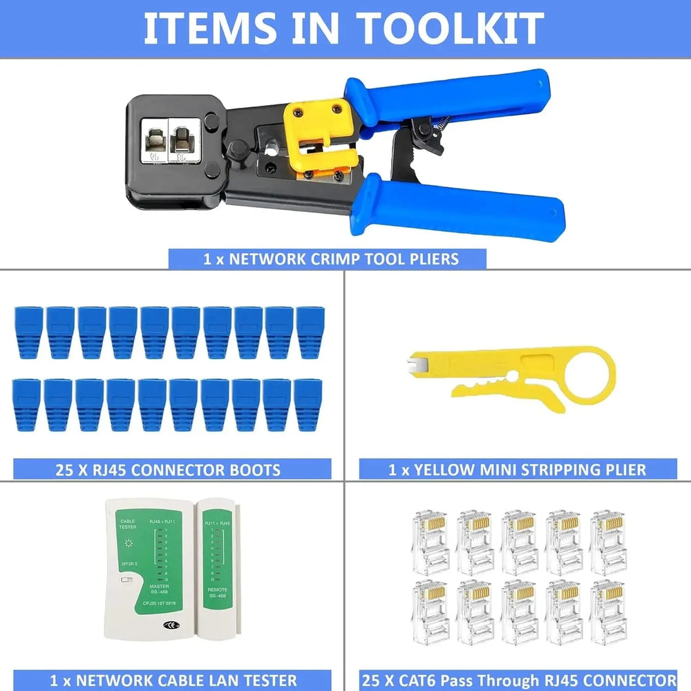 FEDUS RJ45 Crimping Tool Kit, Passthrough Crimping Tool rj45 Crimping machine for Cat6A Cat6 Cat5e Cat5 RJ45 Ethernet tool kit, 25PCS rj45 Passthrough Connector & RJ45 Boot Covers, Cut and Strip Tool Blue COMBO-2 FEDUS
