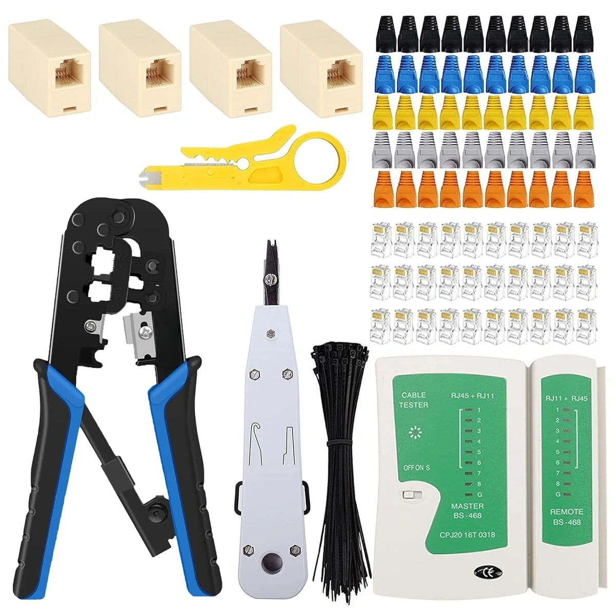 FEDUS RJ45 Crimping Tool Kit, Crimping Tool rj45 for Cat6A Cat5e Cat5 RJ45, 50PCS rj45 Connector & Boot Covers, Network lan Tester, Cut and Strip Tool, 25 Cable Ties Punch Down Tool,5Pcs RJ45 coupler Black 7 in 1