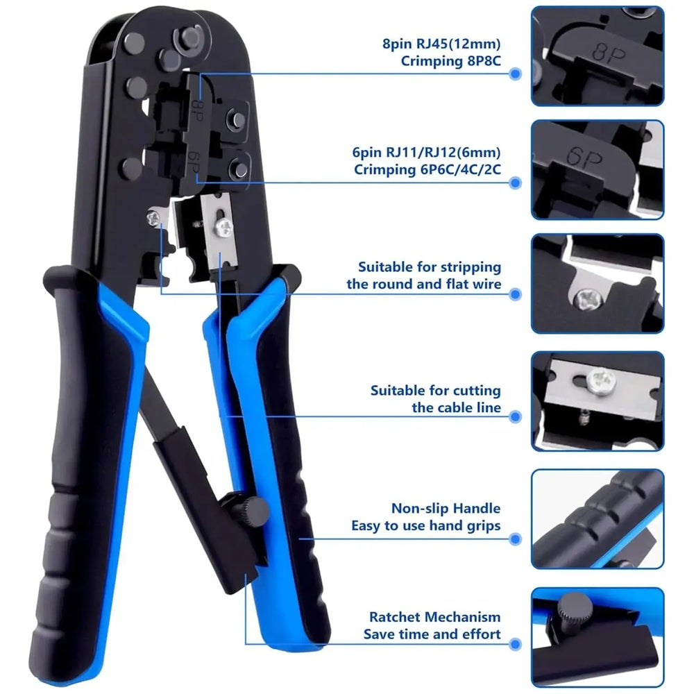 FEDUS RJ45 Crimping Tool Kit, Crimping Tool rj45 for Cat6A Cat5e Cat5 RJ45, 50PCS rj45 Connector & Boot Covers, Network lan Tester, Cut and Strip Tool, 25 Cable Ties Punch Down Tool,5Pcs RJ45 coupler Black 7 in 1 FEDUS