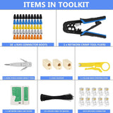 FEDUS RJ45 Crimping Tool Kit, Crimping Tool rj45 for Cat6A Cat5e Cat5 RJ45, 50PCS rj45 Connector & Boot Covers, Network lan Tester, Cut and Strip Tool, 25 Cable Ties Punch Down Tool,5Pcs RJ45 coupler Black 7 in 1