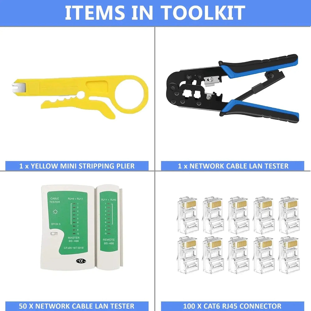 FEDUS RJ45 Crimping Tool Kit, Crimping Tool rj45 Crimping Machine for Cat6A Cat5e Cat5 RJ45 Ethernet tool kit, 100PCS rj45 Connector, Network Lan Tester, Cut and Strip Tool Black COMBO-3 FEDUS