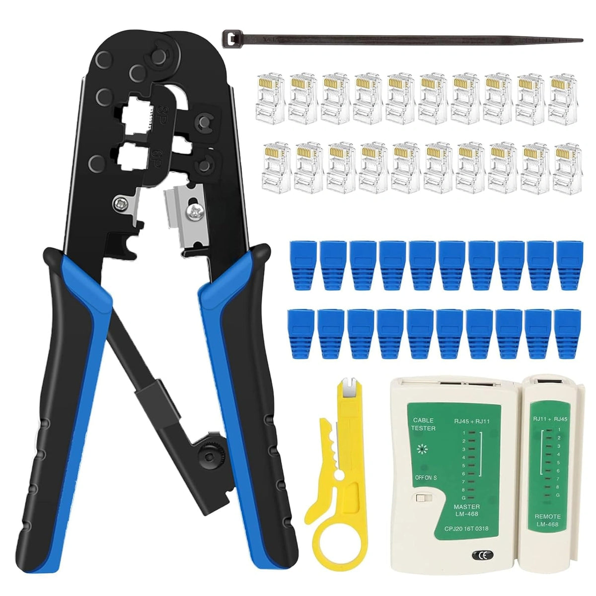 FEDUS RJ45 Crimping Tool Kit, Crimping Tool rj45 Crimping machine for Cat6A Cat5e Cat5 RJ45 Ethernet tool kit, 50PCS rj45 Connector & Boot Covers, Network Lan Tester, Cut and Strip Tool, 25 Cable Ties Black COMBO-2