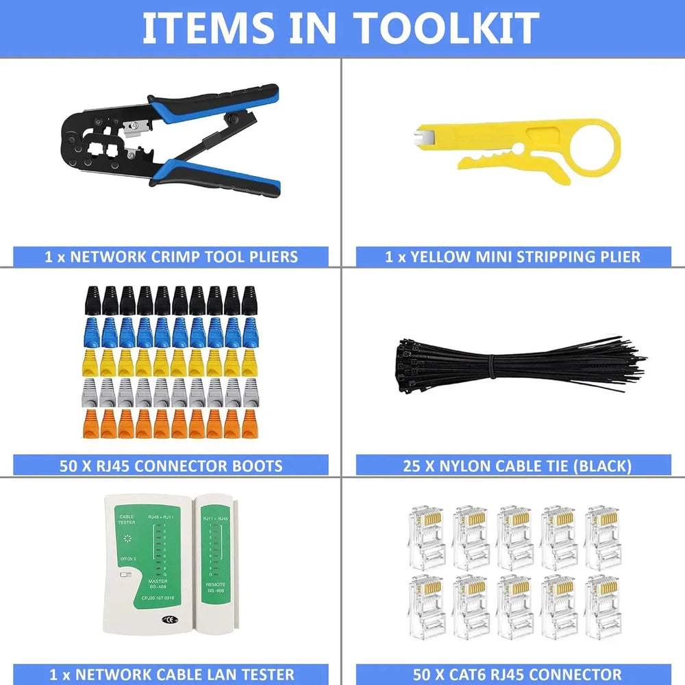 FEDUS RJ45 Crimping Tool Kit, Crimping Tool rj45 Crimping machine for Cat6A Cat5e Cat5 RJ45 Ethernet tool kit, 50PCS rj45 Connector & Boot Covers, Network Lan Tester, Cut and Strip Tool, 25 Cable Ties Black COMBO-2 FEDUS