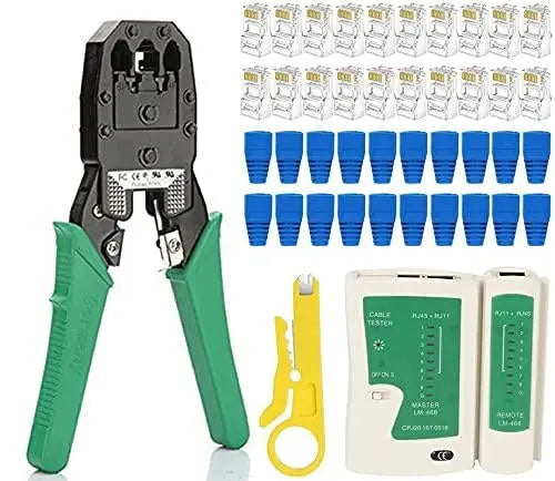 FEDUS RJ45 Crimping Tool Kit Ethernet Crimp Tool Set, RJ-11, 6P/RJ-12, 8P/RJ-45 Crimp crimping tool,50PCS Boot Covers,1 Network Cable Tester, Cut and Strip Tool with 50PCS RJ45 CAT5 CAT5e Cat6 Connectors, green FEDUS