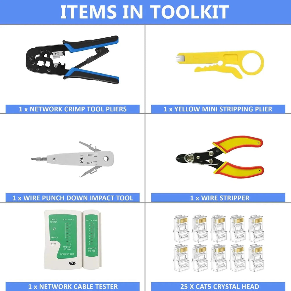 FEDUS RJ45 Crimping Tool Kit - Machine for Cat6A, Cat5E, Cat5 25PCS Connector, Network LAN Tester, Cut and Strip Tool, Punch Down Wire Cutter Black COMBO-6 Cheeku Technologies